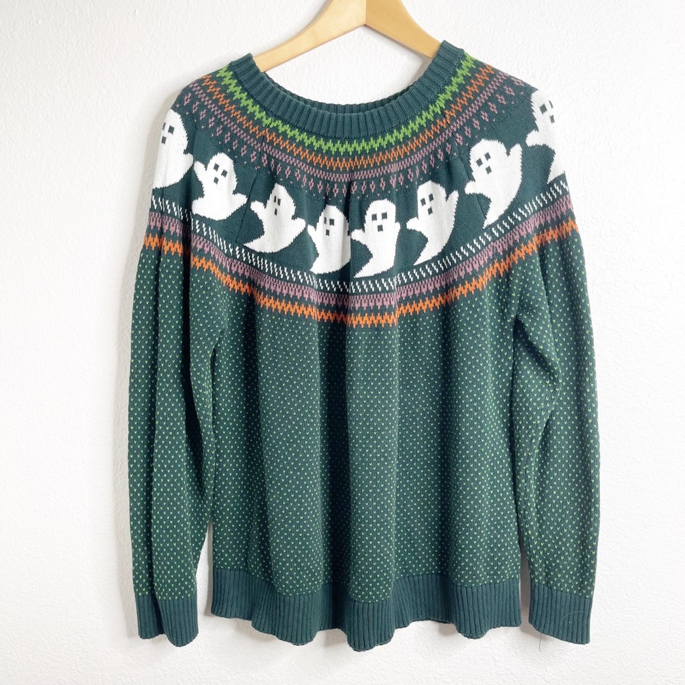ModCloth Womens 3X Ghost Fair Isle Sweater Green‎ Halloween Spooky Pullover
